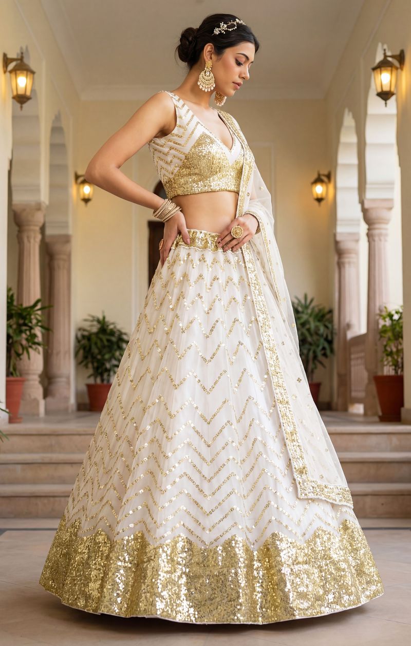 White Pure Soft Heavy Net Sequins Embroidery Work Bridal Lehenga 