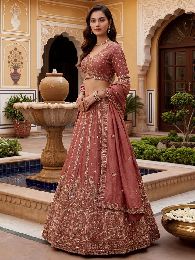 Peach Orange Pure Soft Heavy Fendi Orgenza Sequins Embroidery Work Bridal Lehenga 