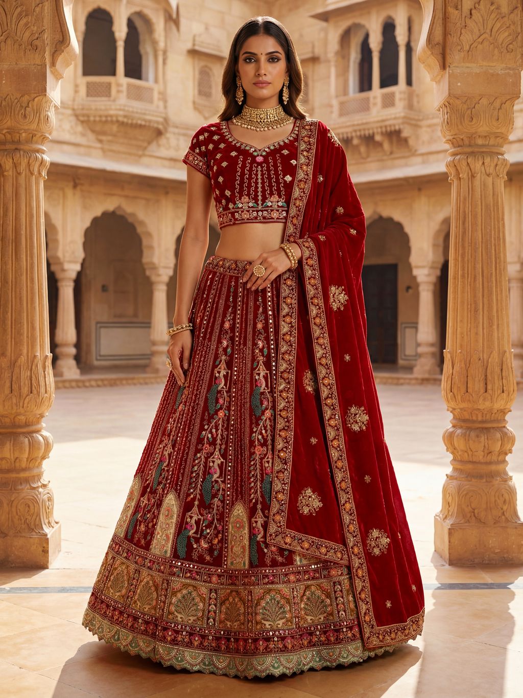 Red Pure Soft Velvet Heavy Embroidery Patch Work Bridal Lehenga