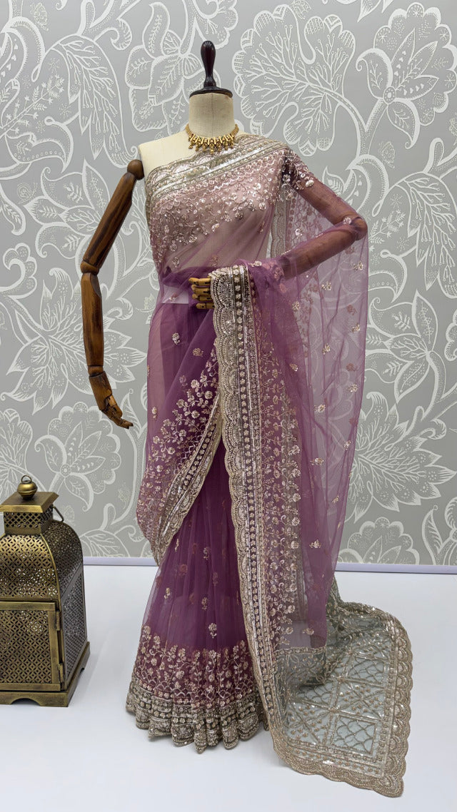 Purple Pure Premium Net Handwork Kasti &amp; Motif Zari Metallic Sequins Work Wedding Saree