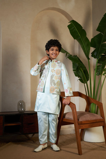 Pista Pure Satin Silk Kids Boy Kurta Pajama With Koti Jacket 