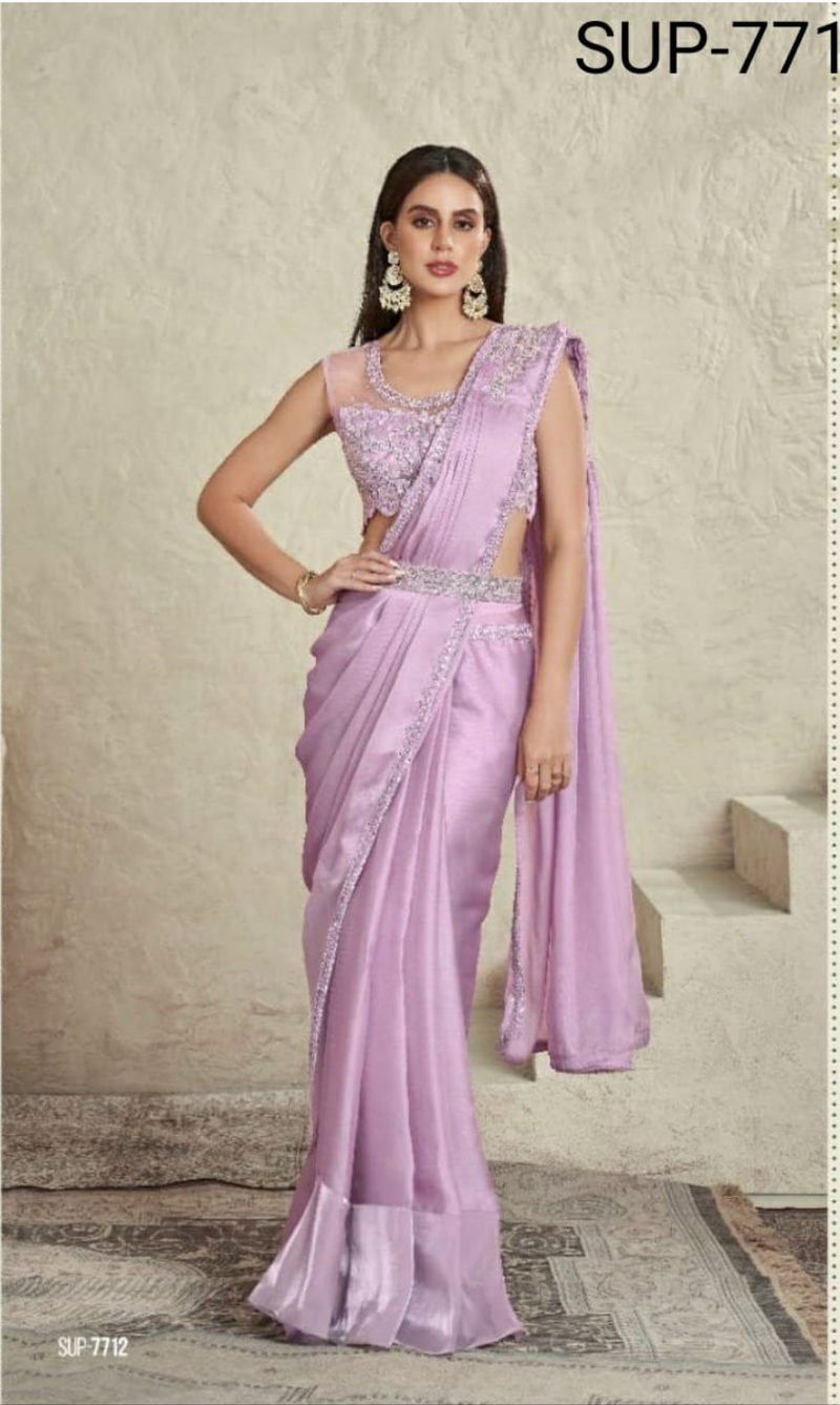 Beautiful Designer Party Wear Lavender Imported Sartin Silk Saree