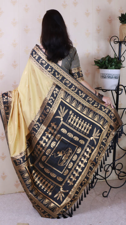Chickoo Soft Silk Zari Woven Warli Art Soft Silk Saree Banarasi Saree Anant Tex Exports Pvt.Ltd..