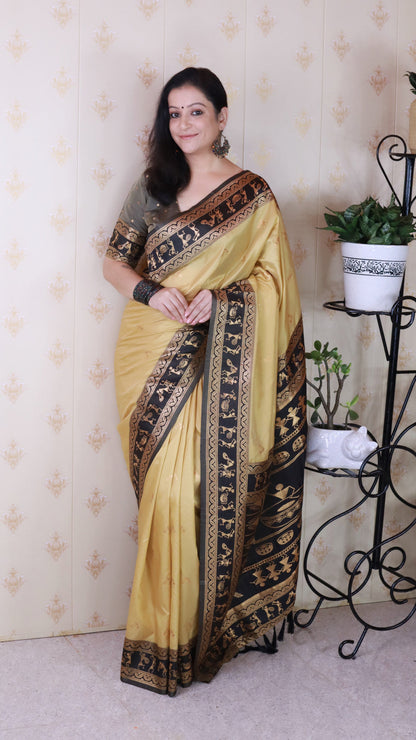 Chickoo Soft Silk Zari Woven Warli Art Soft Silk Saree Banarasi Saree Anant Tex Exports Pvt.Ltd..