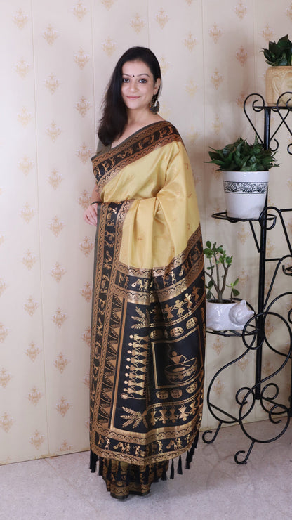 Chickoo Soft Silk Zari Woven Warli Art Soft Silk Saree Banarasi Saree Anant Tex Exports Pvt.Ltd..