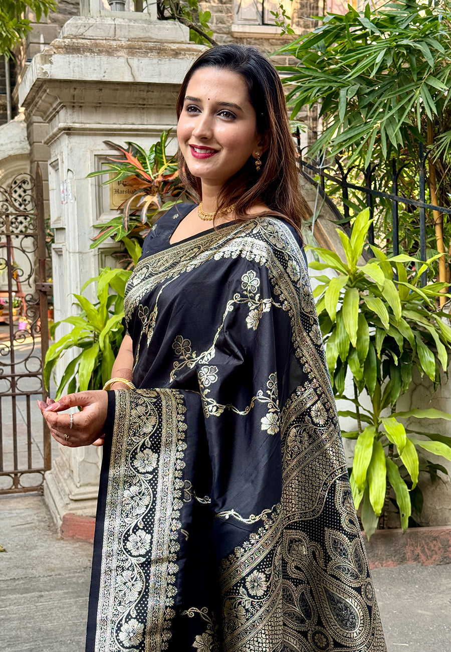 Black Banarasi Jaal Soft Silk Zari Woven Saree