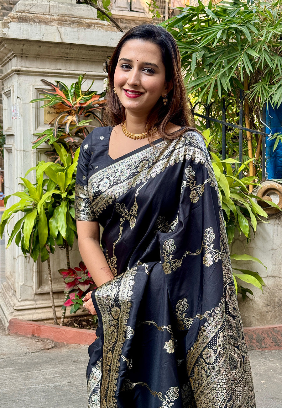 Black Banarasi Jaal Soft Silk Zari Woven Saree Kanjivaram Saree Anant Tex Exports Pvt.Ltd..