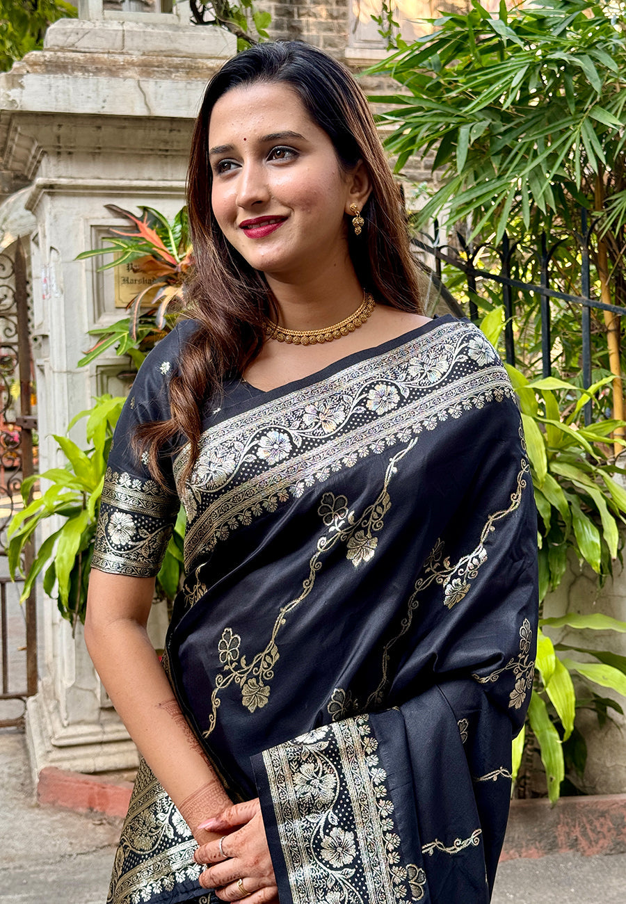 Black Banarasi Jaal Soft Silk Zari Woven Saree