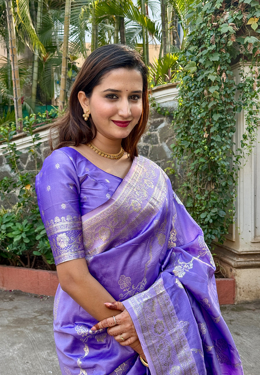 Lavender Green Banarasi Jaal Soft Silk Zari Woven Saree