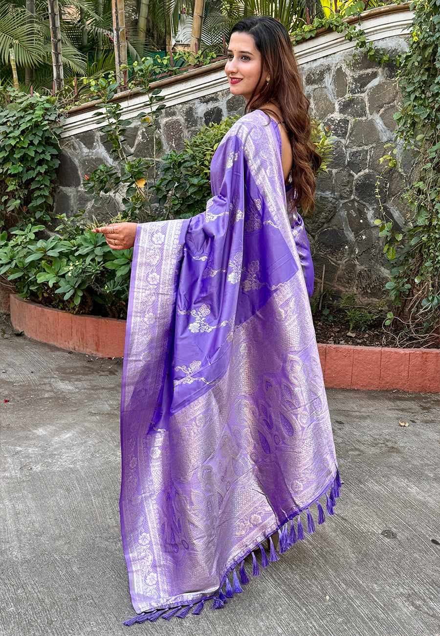 Lavender Green Banarasi Jaal Soft Silk Zari Woven Saree