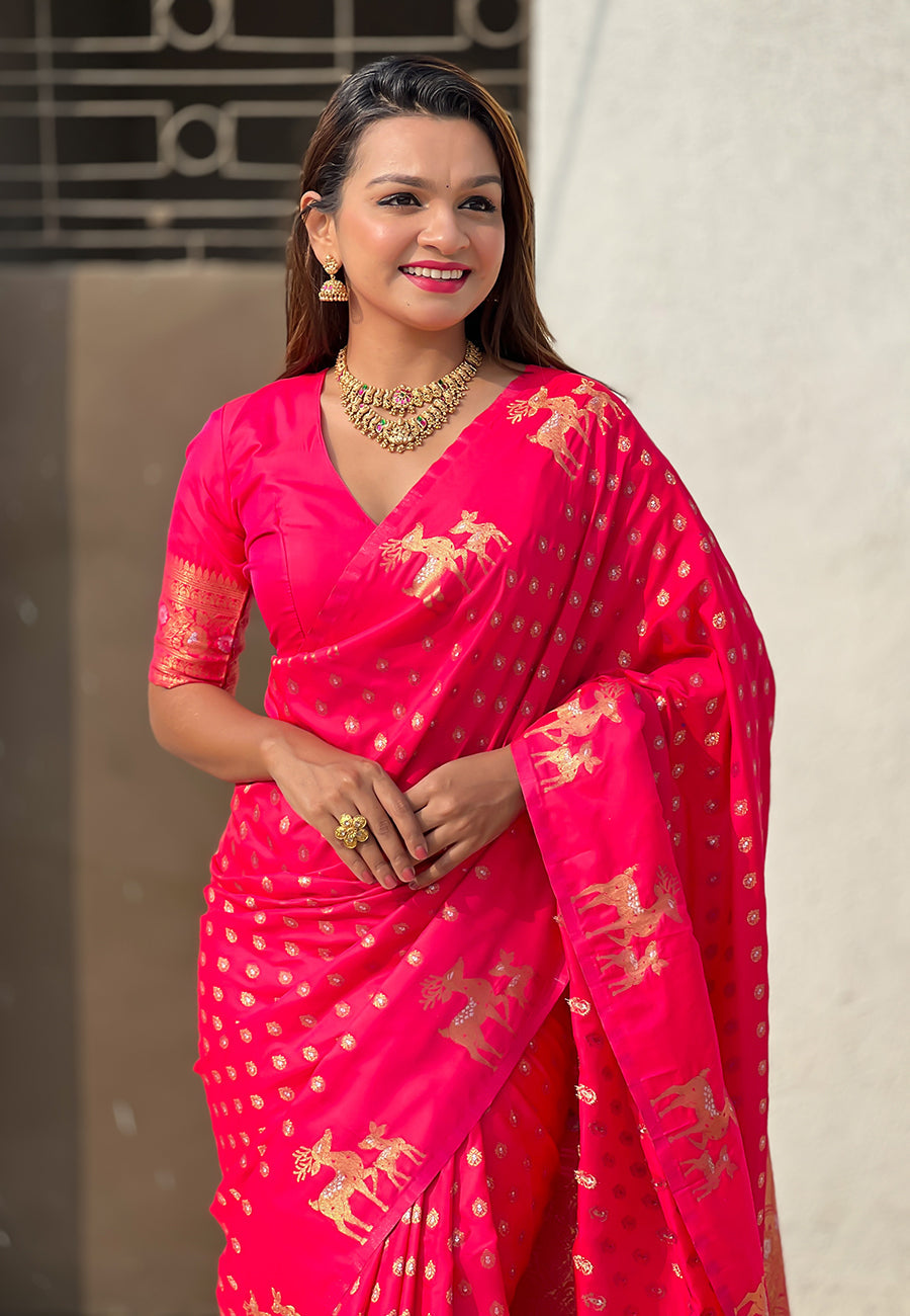 Pink Soft Silk Dual Zari Woven Soft Silk Saree Kanjivaram Saree Anant Tex Exports Pvt.Ltd..