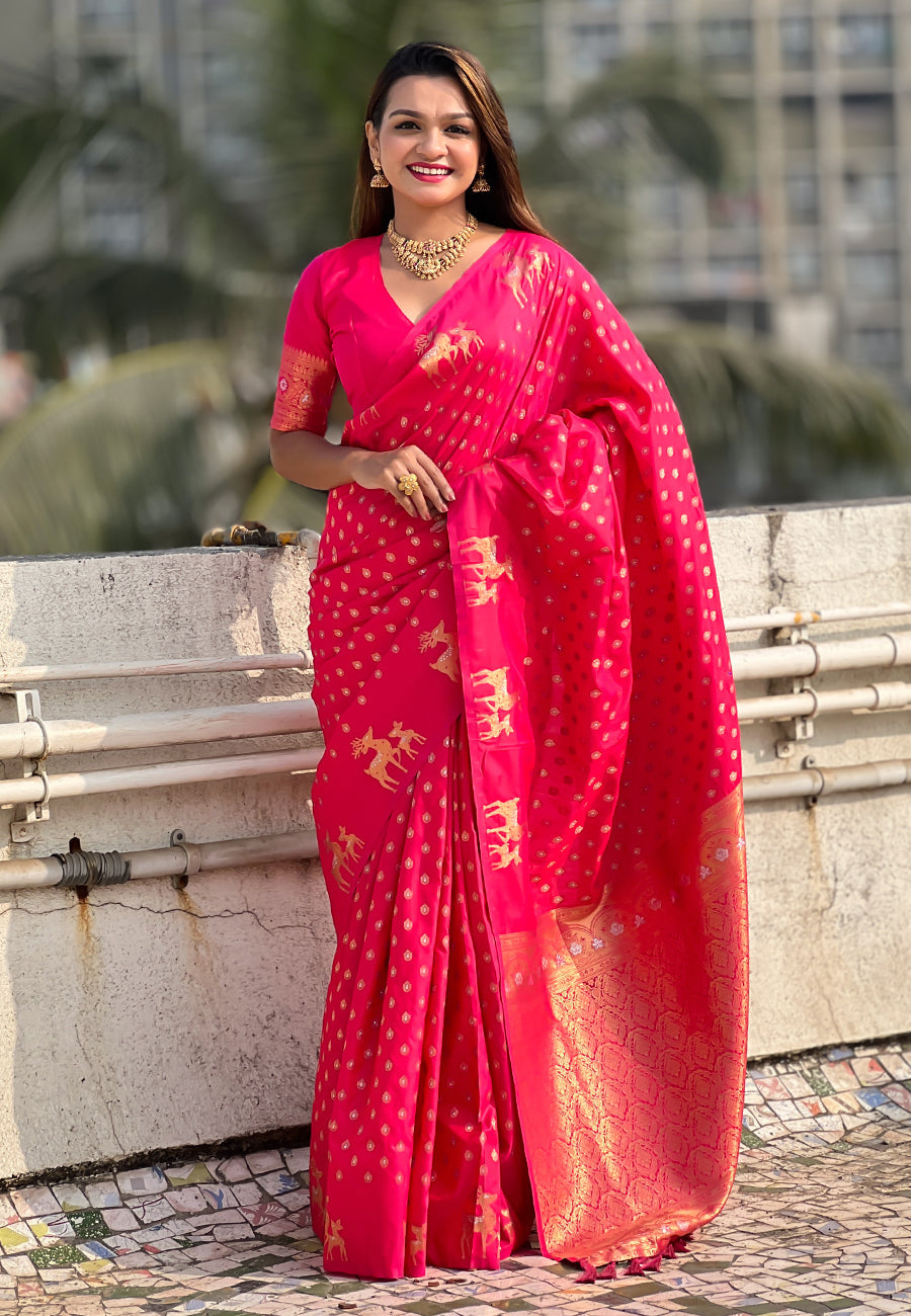 Pink Soft Silk Dual Zari Woven Soft Silk Saree Kanjivaram Saree Anant Tex Exports Pvt.Ltd..