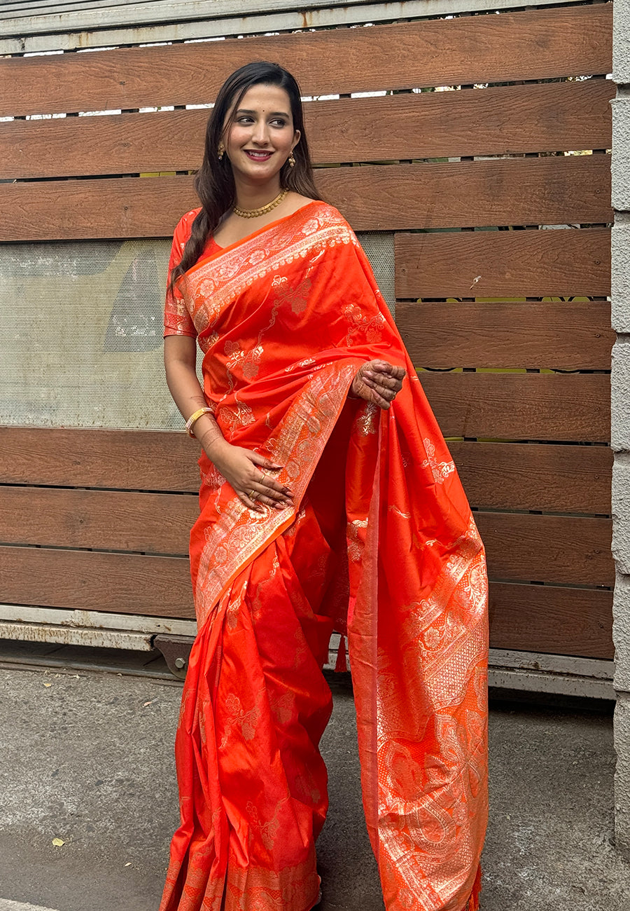 Orange Green Banarasi Jaal Soft Silk Zari Woven Saree
