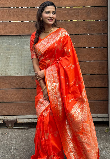 Orange Green Banarasi Jaal Soft Silk Zari Woven Saree Kanjivaram Saree Anant Tex Exports Pvt.Ltd..