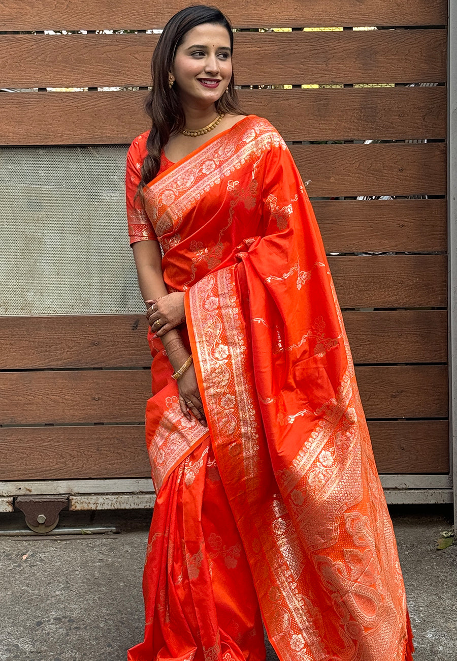 Orange Green Banarasi Jaal Soft Silk Zari Woven Saree