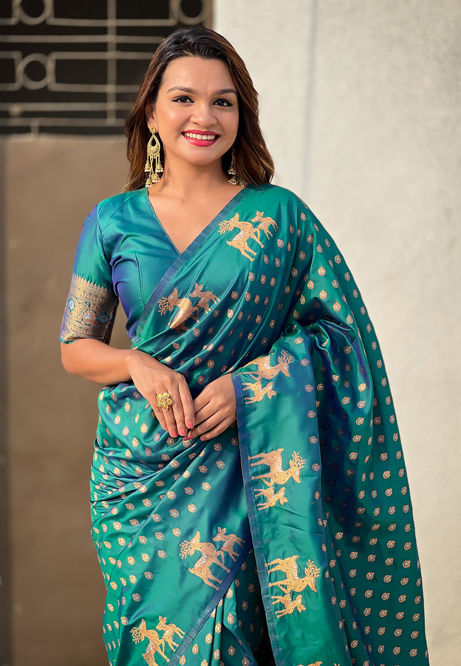 Green Soft Silk Dual Zari Woven Soft Silk Saree Kanjivaram Saree Anant Tex Exports Pvt.Ltd..