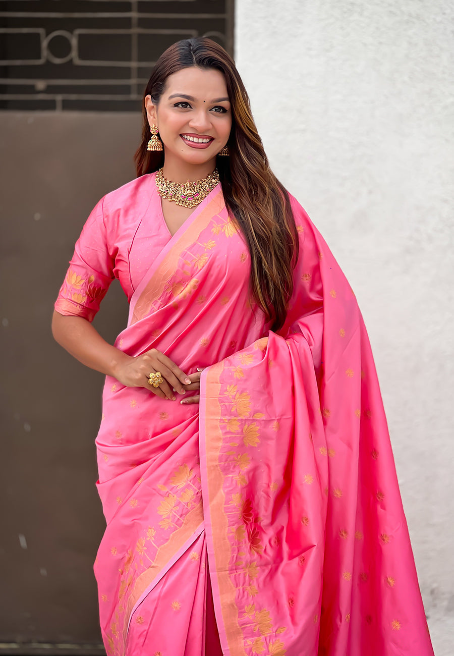 Baby Pink Pure Soft Silk Zari Woven Pichwai Silk Saree 
