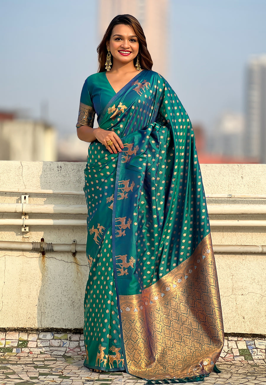 Green Soft Silk Dual Zari Woven Soft Silk Saree Kanjivaram Saree Anant Tex Exports Pvt.Ltd..