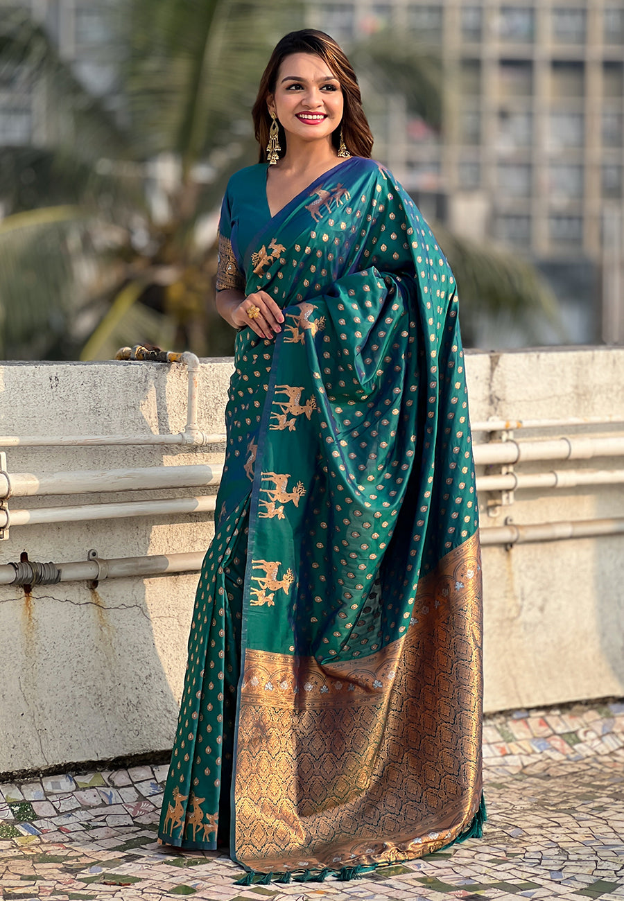 Green Soft Silk Dual Zari Woven Soft Silk Saree Kanjivaram Saree Anant Tex Exports Pvt.Ltd..