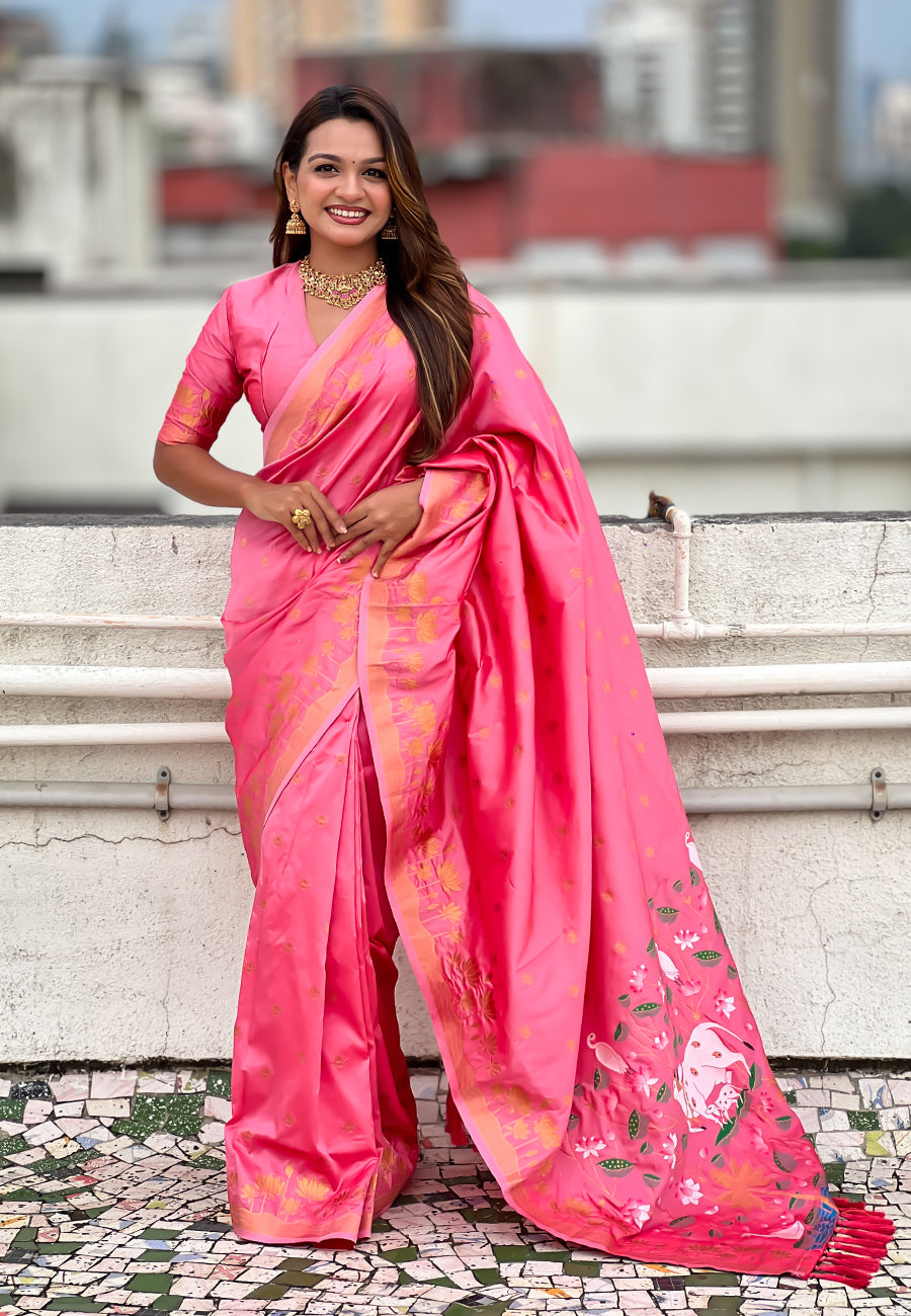 Baby Pink Pure Soft Silk Zari Woven Pichwai Silk Saree 