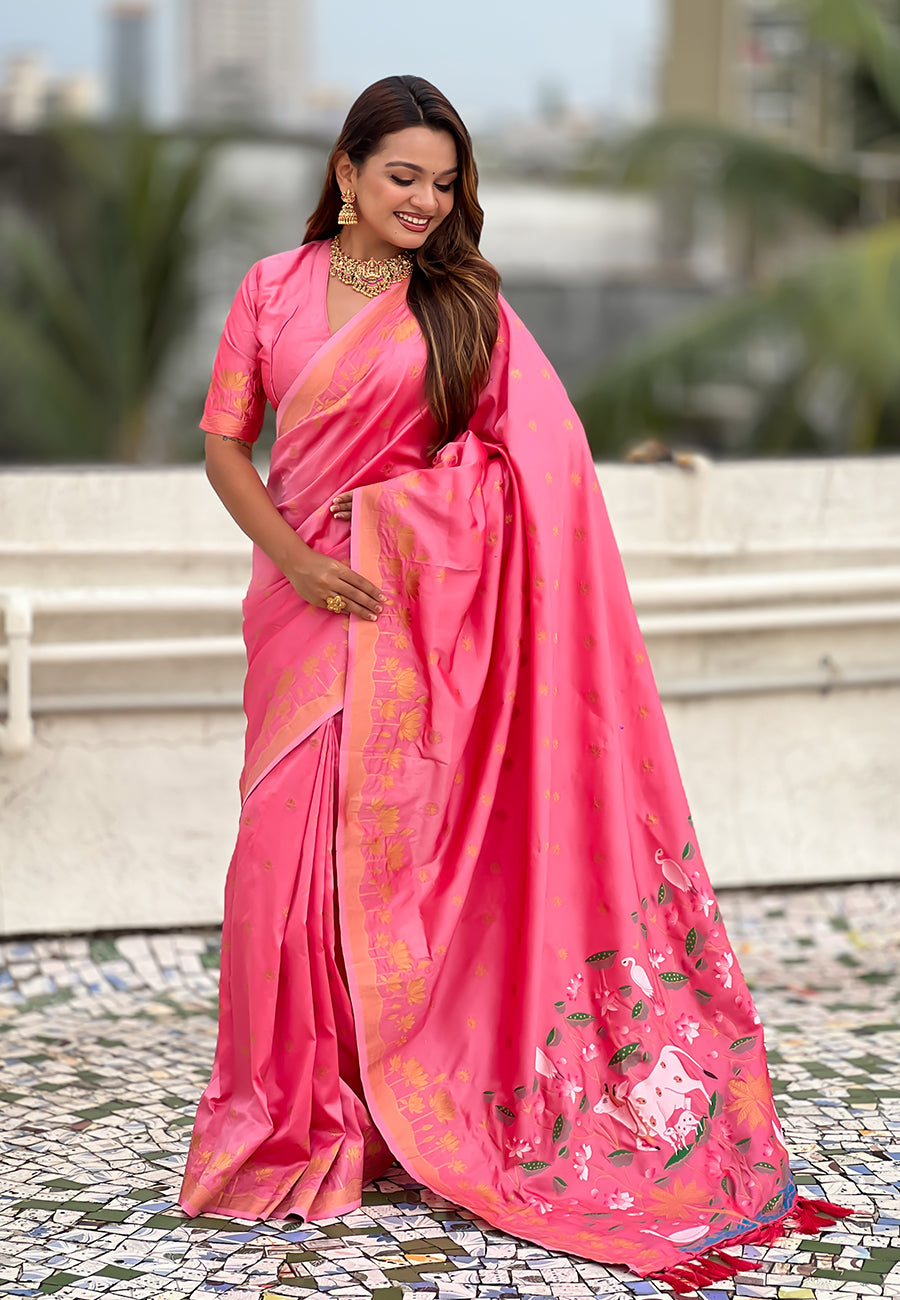 Baby Pink Pure Soft Silk Zari Woven Pichwai Silk Saree 