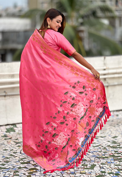 Baby Pink Pure Soft Silk Zari Woven Pichwai Silk Saree 