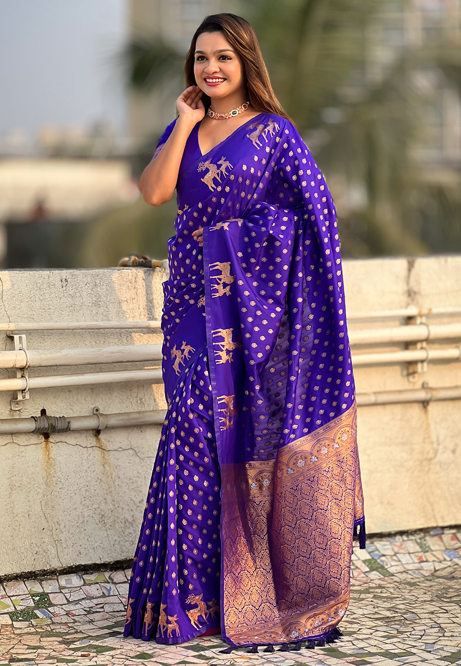Violet Soft Silk Dual Zari Woven Soft Silk Saree Kanjivaram Saree Anant Tex Exports Pvt.Ltd..