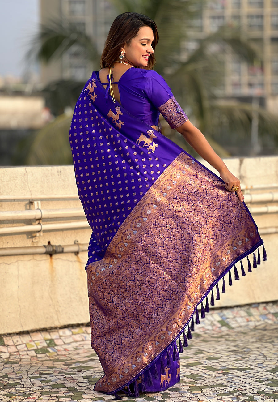 Violet Soft Silk Dual Zari Woven Soft Silk Saree Kanjivaram Saree Anant Tex Exports Pvt.Ltd..