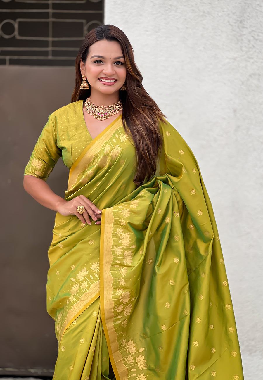 Mehendi Green Pure Soft Silk Zari Woven Pichwai Silk Saree 