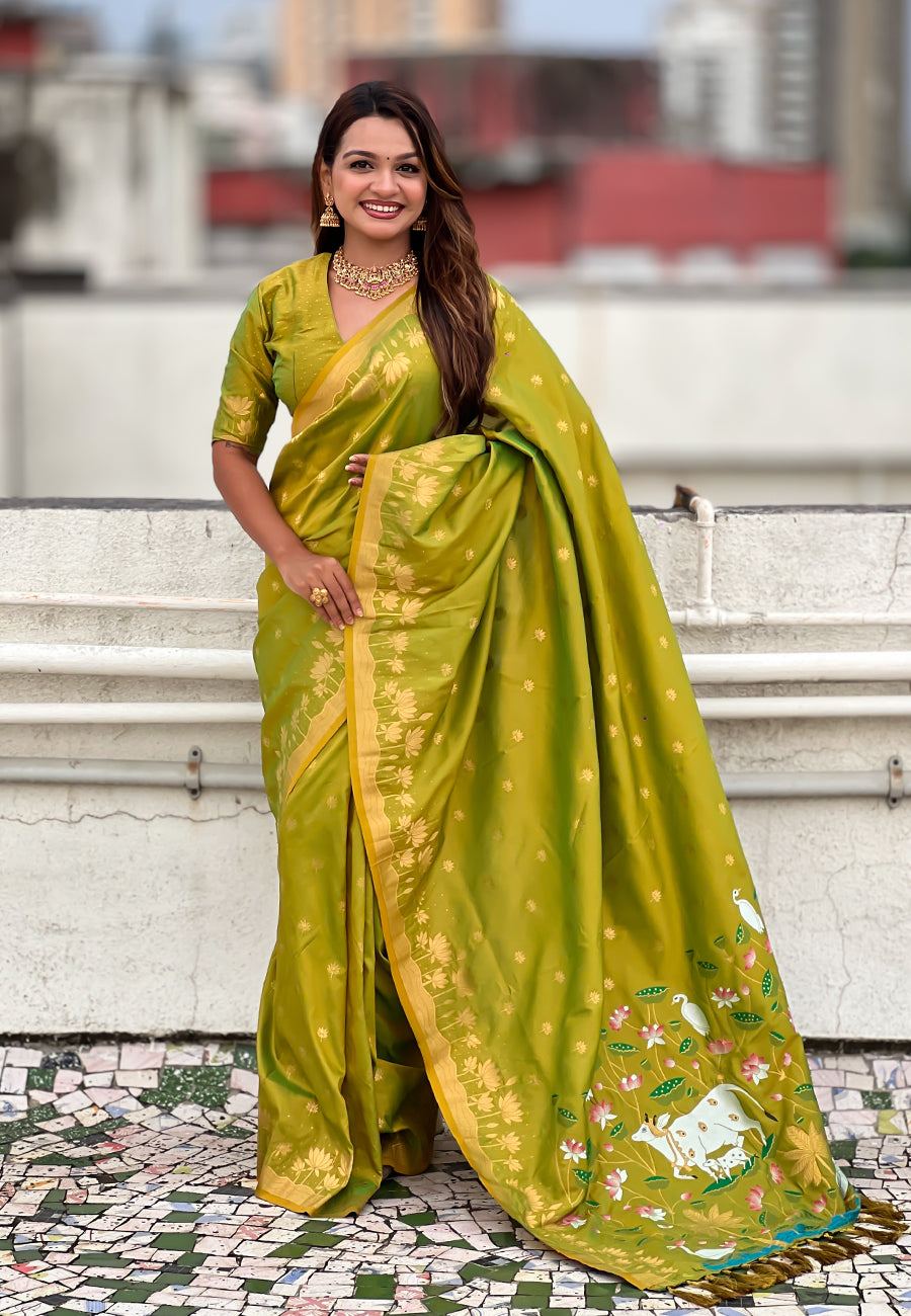 Mehendi Green Pure Soft Silk Zari Woven Pichwai Silk Saree 