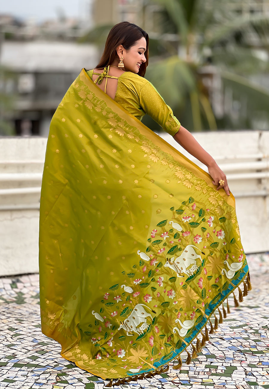 Mehendi Green Pure Soft Silk Zari Woven Pichwai Silk Saree 