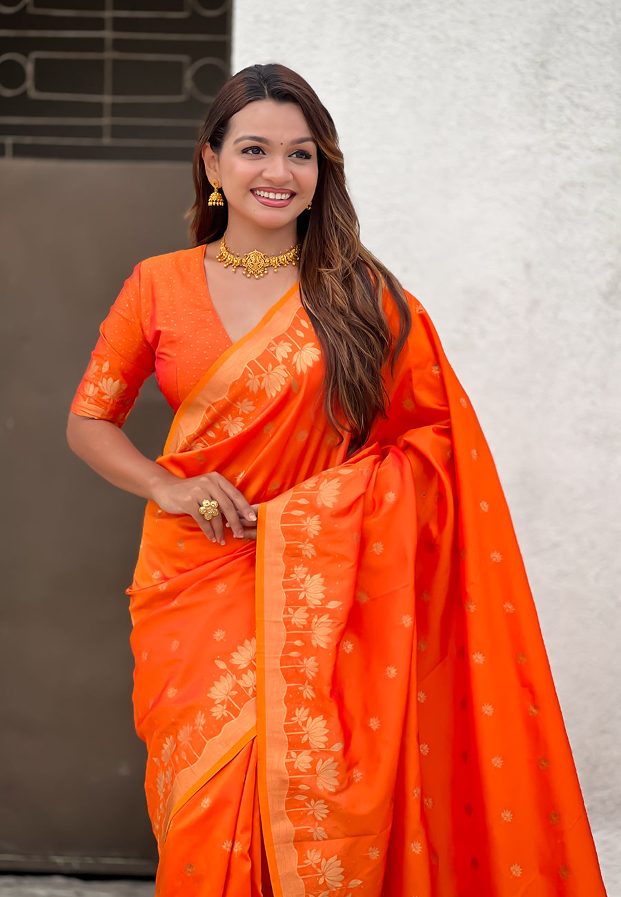 Orange Pure Soft Silk Zari Woven Pichwai Silk Saree 