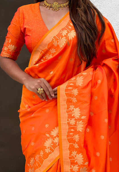 Orange Pure Soft Silk Zari Woven Pichwai Silk Saree 
