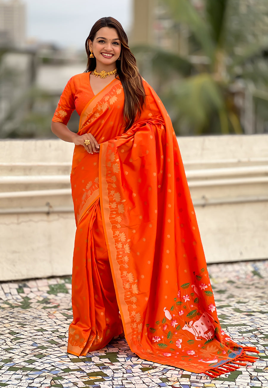 Orange Pure Soft Silk Zari Woven Pichwai Silk Saree 