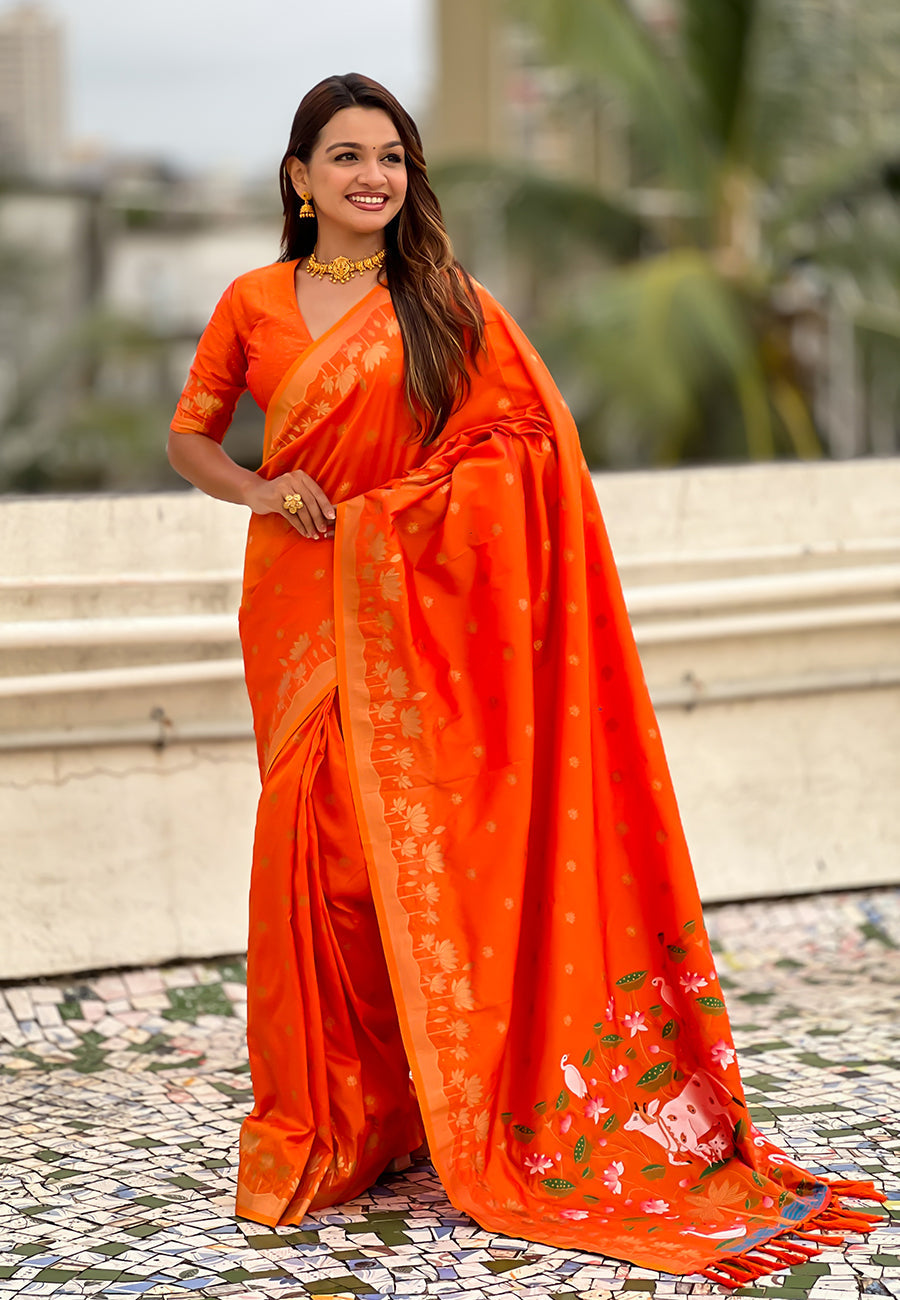Orange Pure Soft Silk Zari Woven Pichwai Silk Saree 