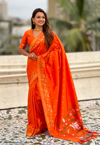 Orange Pure Soft Silk Zari Woven Pichwai Silk Saree 