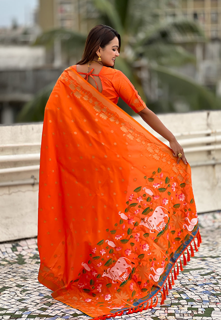 Orange Pure Soft Silk Zari Woven Pichwai Silk Saree 