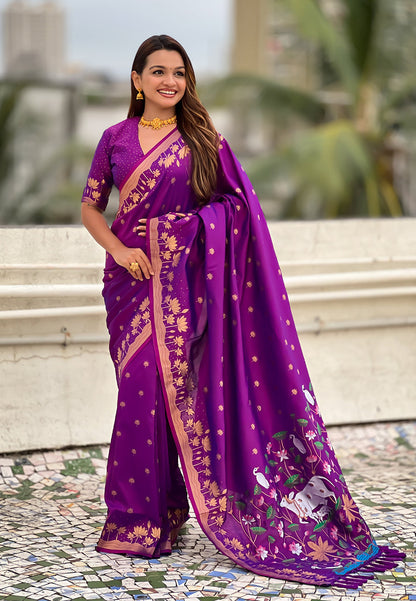 Purple Pure Soft Silk Zari Woven Pichwai Silk Saree 