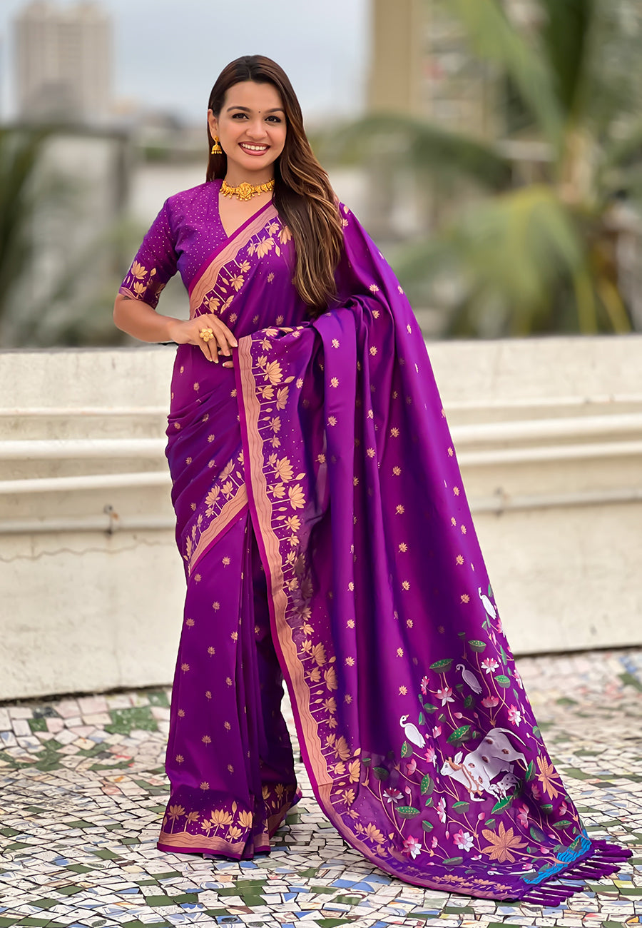 Purple Pure Soft Silk Zari Woven Pichwai Silk Saree 
