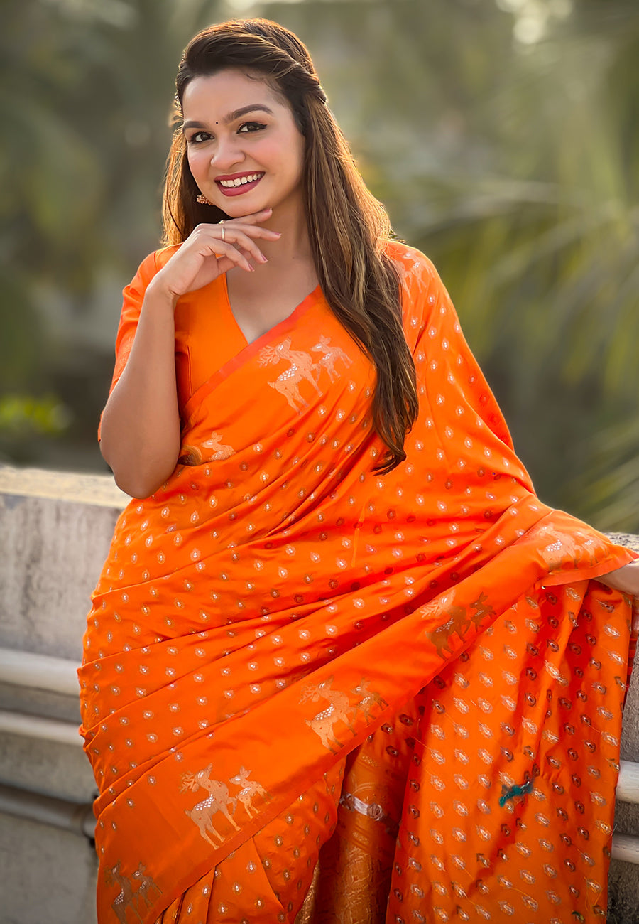 Orange Soft Silk Dual Zari Woven Soft Silk Saree Kanjivaram Saree Anant Tex Exports Pvt.Ltd..