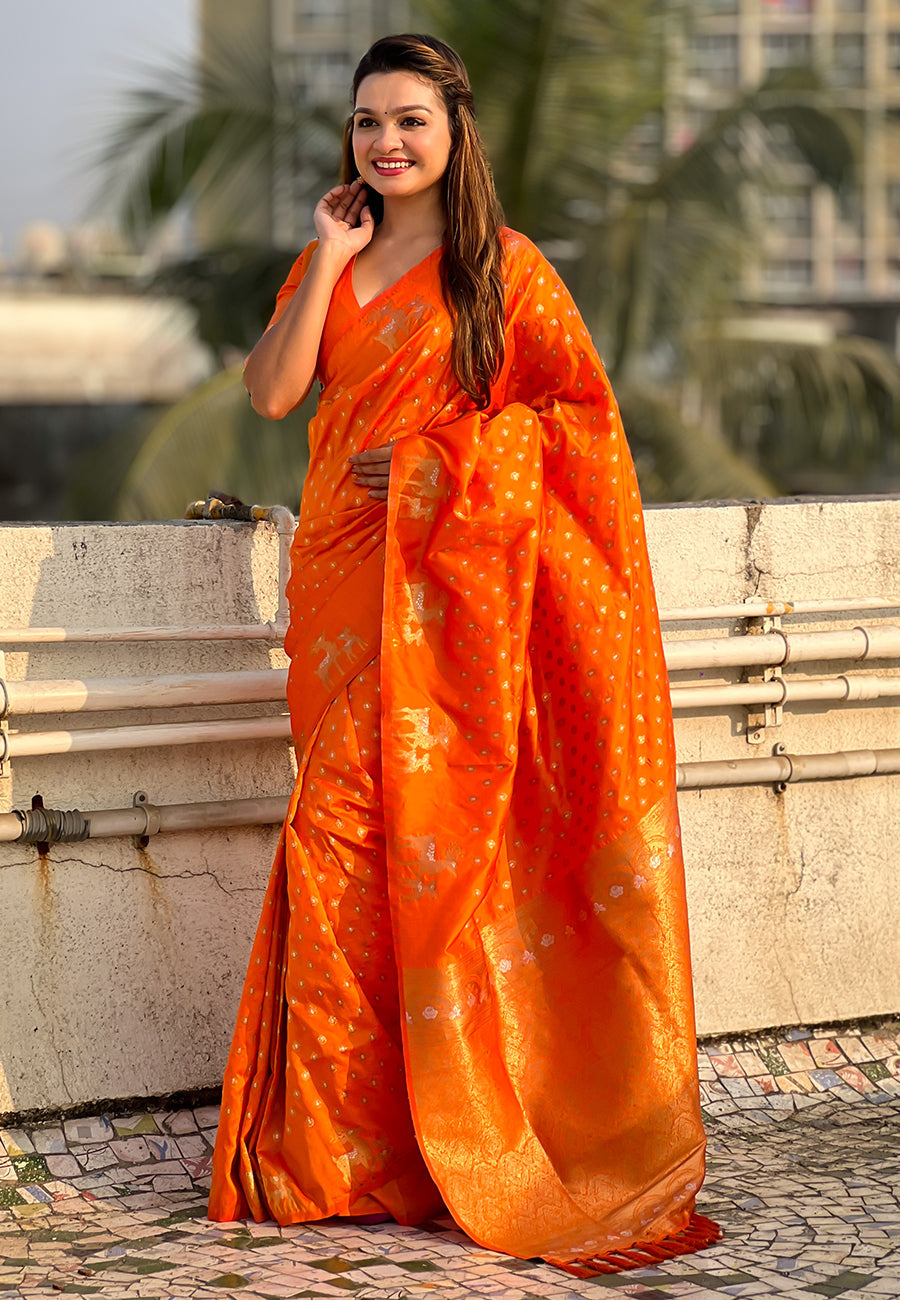 Orange Soft Silk Dual Zari Woven Soft Silk Saree Kanjivaram Saree Anant Tex Exports Pvt.Ltd..