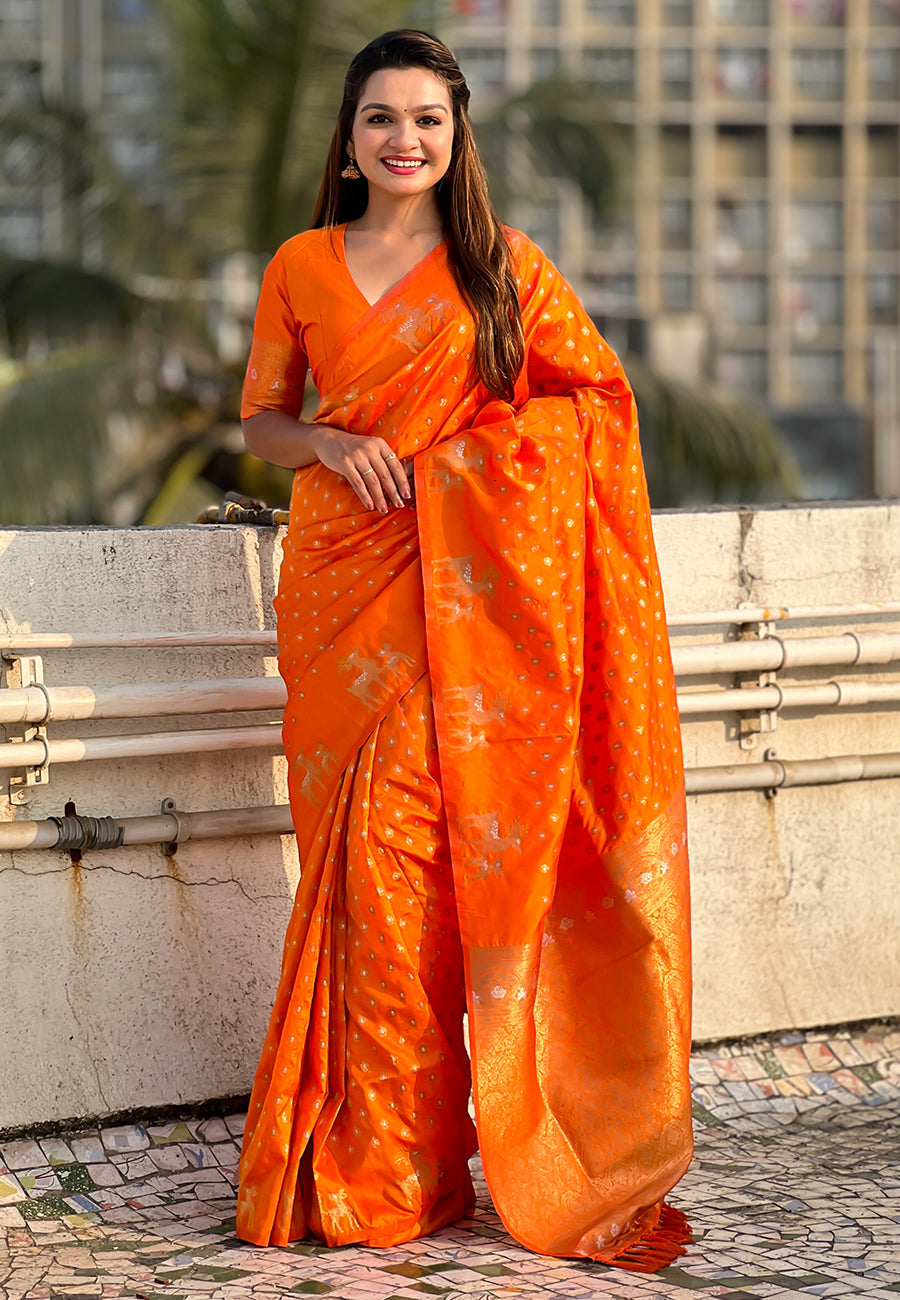 Orange Soft Silk Dual Zari Woven Soft Silk Saree Kanjivaram Saree Anant Tex Exports Pvt.Ltd..