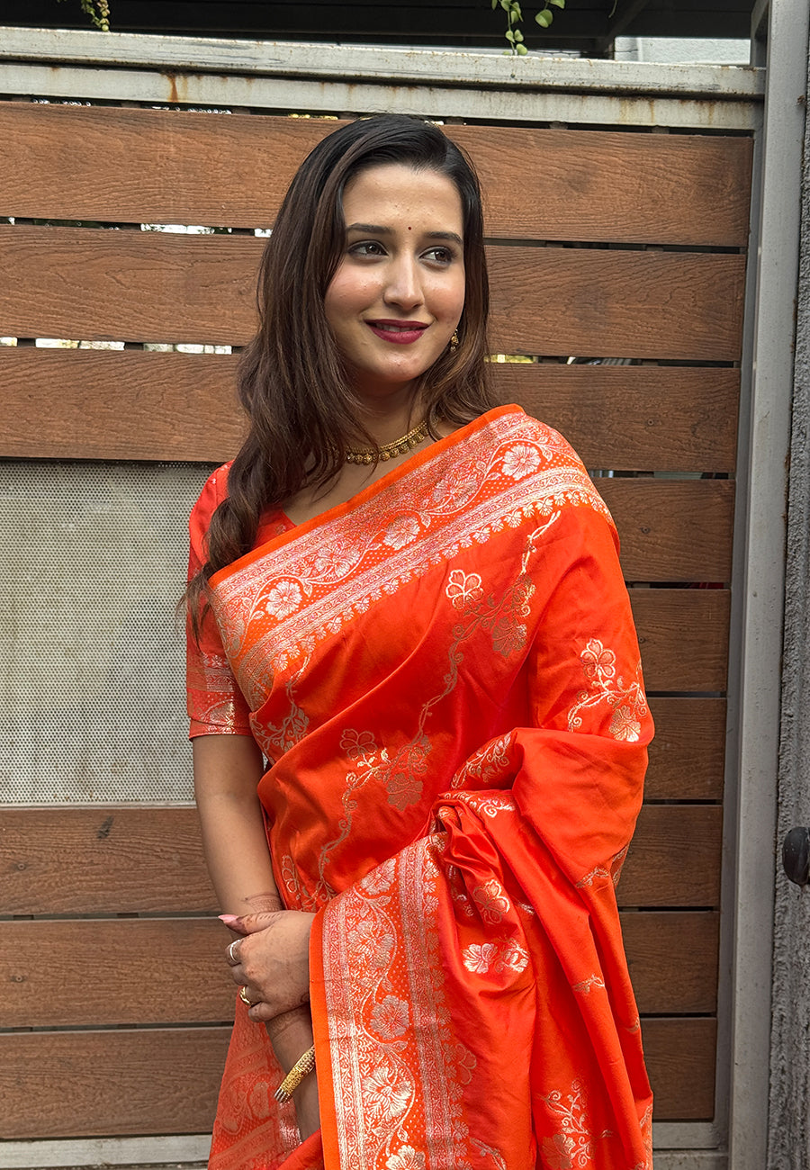 Orange Green Banarasi Jaal Soft Silk Zari Woven Saree Kanjivaram Saree Anant Tex Exports Pvt.Ltd..