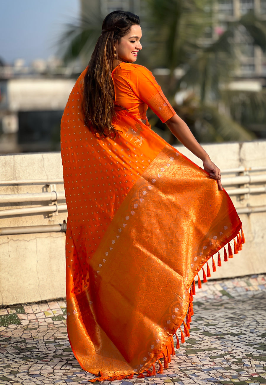 Orange Soft Silk Dual Zari Woven Soft Silk Saree Kanjivaram Saree Anant Tex Exports Pvt.Ltd..