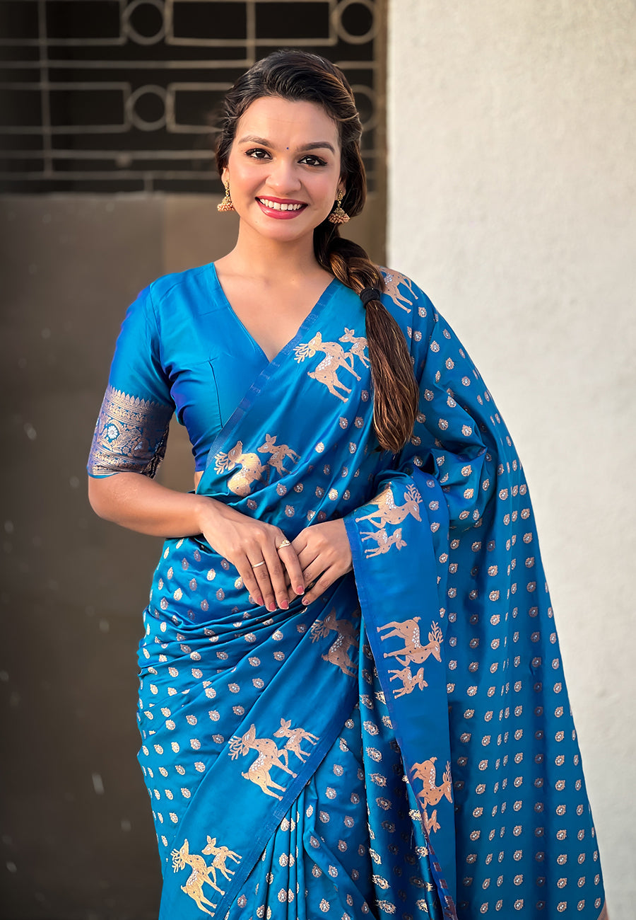 Blue Soft Silk Dual Zari Woven Soft Silk Saree Kanjivaram Saree Anant Tex Exports Pvt.Ltd..