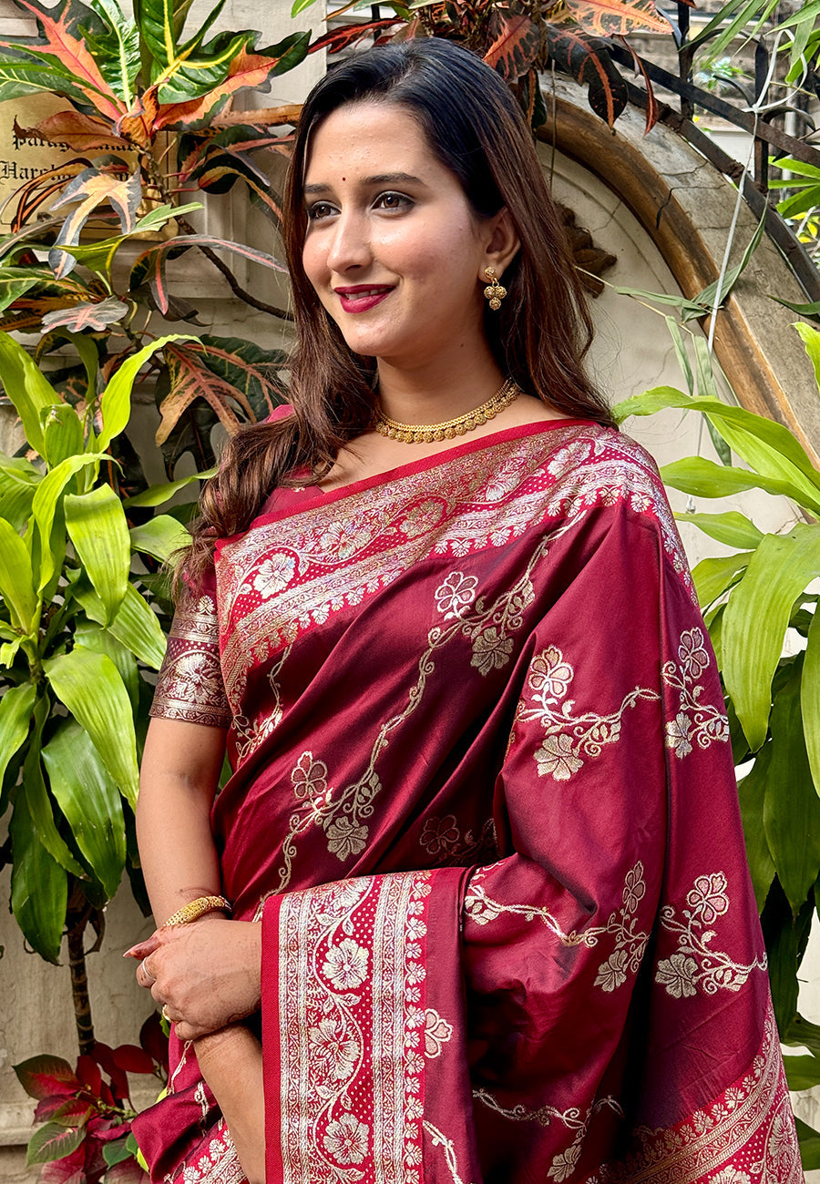Maroon Green Banarasi Jaal Soft Silk Zari Woven Saree