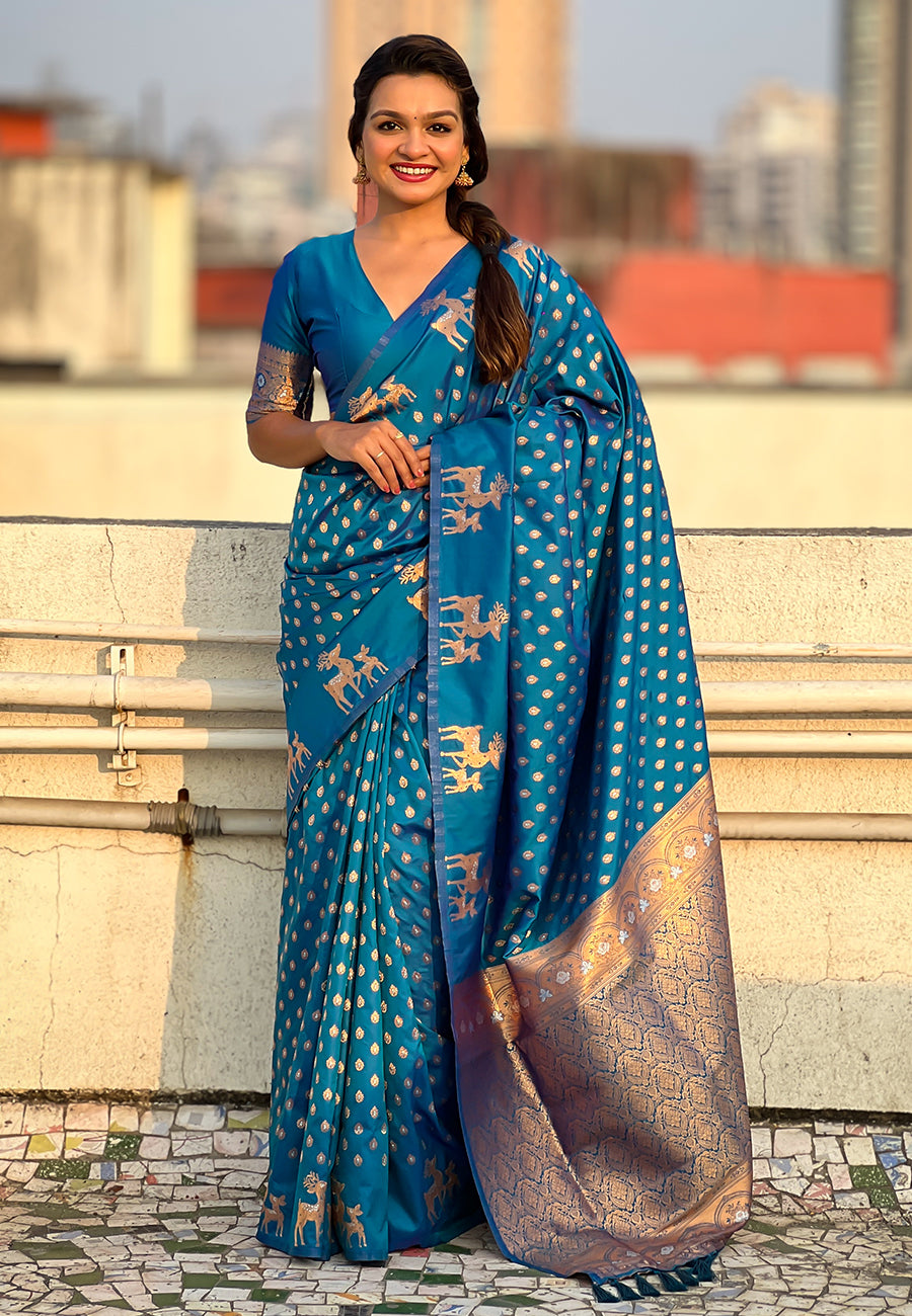 Blue Soft Silk Dual Zari Woven Soft Silk Saree Kanjivaram Saree Anant Tex Exports Pvt.Ltd..
