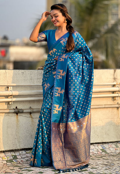 Blue Soft Silk Dual Zari Woven Soft Silk Saree Kanjivaram Saree Anant Tex Exports Pvt.Ltd..