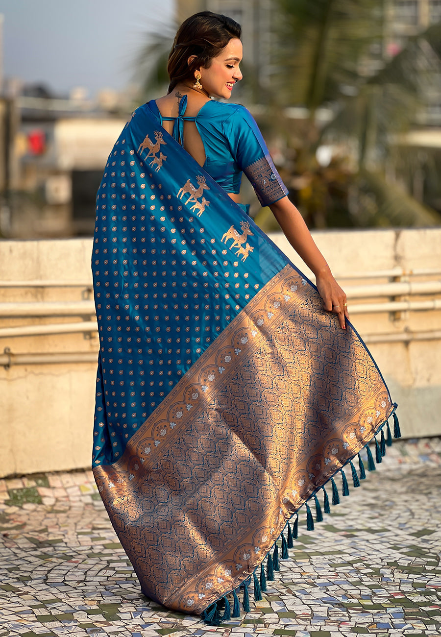 Blue Soft Silk Dual Zari Woven Soft Silk Saree Kanjivaram Saree Anant Tex Exports Pvt.Ltd..