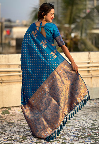 Blue Soft Silk Dual Zari Woven Soft Silk Saree Kanjivaram Saree Anant Tex Exports Pvt.Ltd..